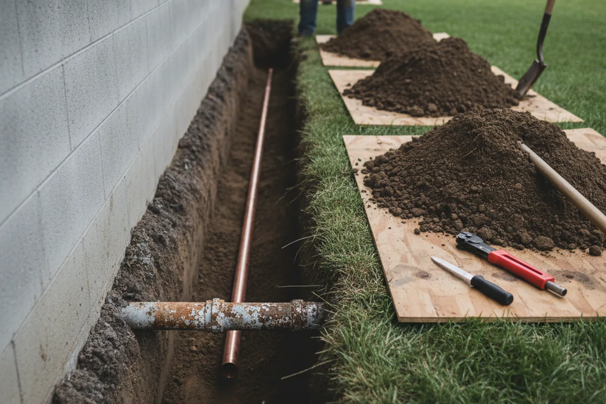 Excavated water line trench during Water Heater Repair in Wood Dale